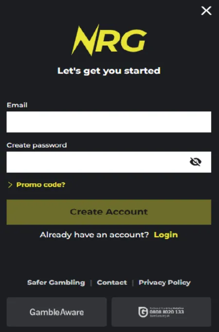 Nrg Bet Signup Screenshot